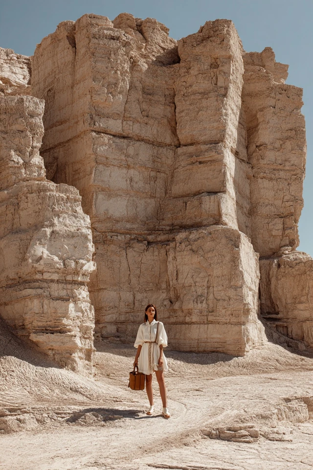 Desert Fashion Model Posing in Dress with Bucket Bag