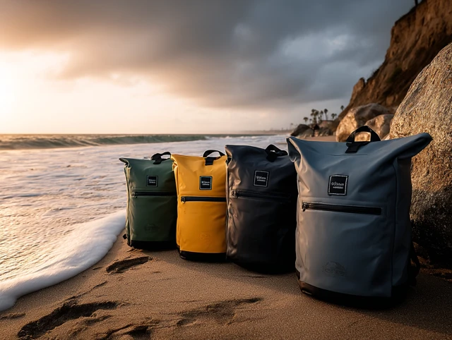 Waterproof Backpacks on Beach During Golden Hour