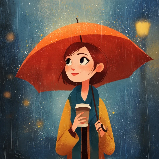 Rainy Day Illustration Woman with Umbrella and Coffee