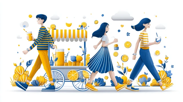 Kids Running to Lemonade Stand Yellow and Blue