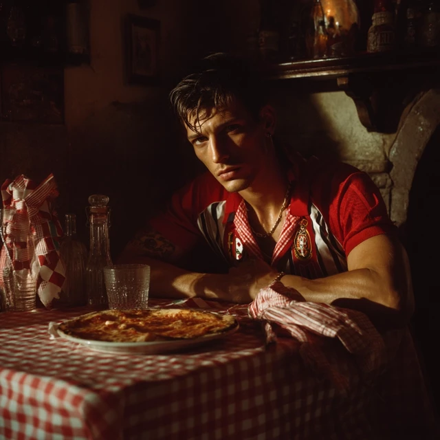 Arrogant Model Eating Pizza in Italian Restaurant