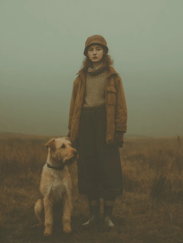 Autumn Woman and Irish Terrier in Fog
