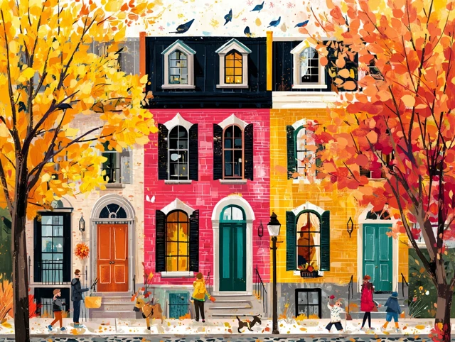Autumn Scene Townhouse with Colorful Doorways