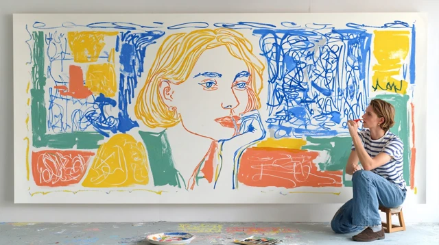 Artistic Girl Drawing on a Wall Painting