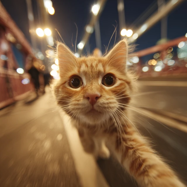 Orange Cat Selfie Crossing Bridge Action Shot