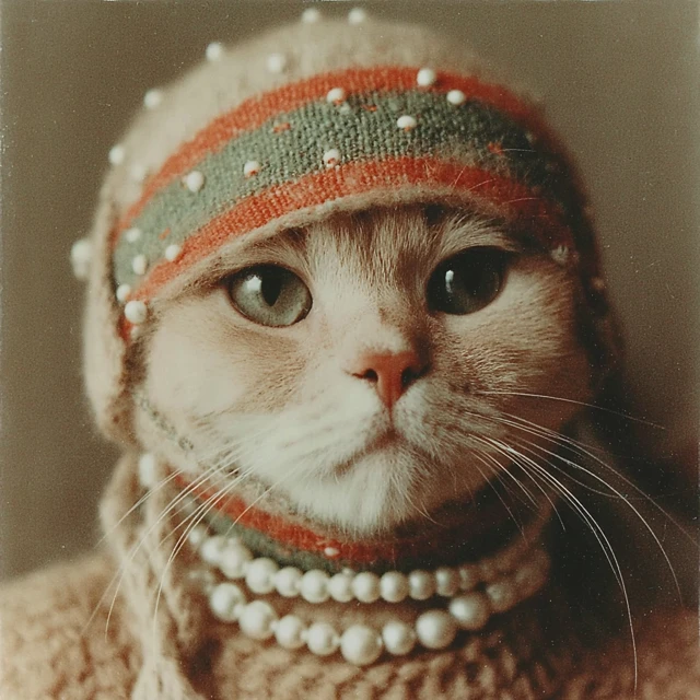 Cat in Headscarf and Pearls Martin Parr Style