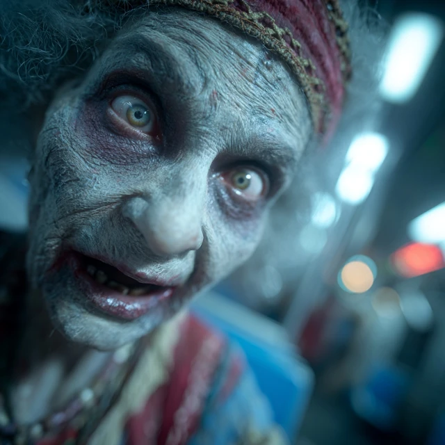 Deranged Zombie Lady on Subway Realistic Photo