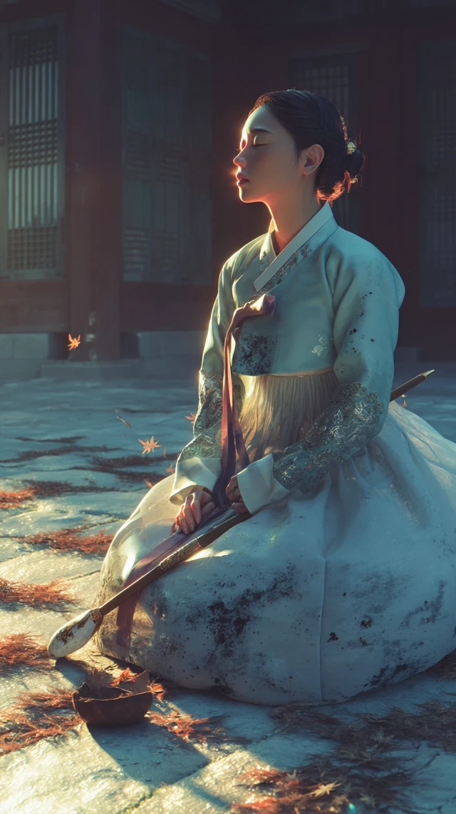 Korean Woman in Hanbok at Sunset
