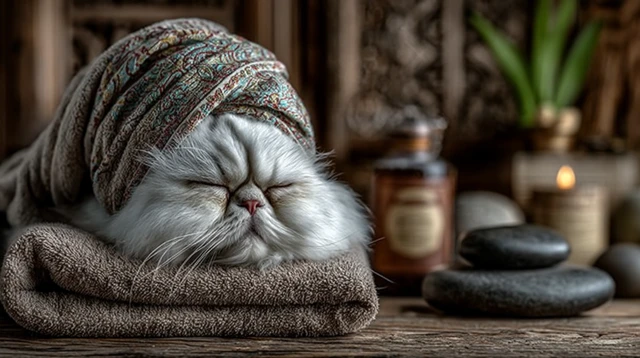 Relaxed Cat at a Spa Cozy Pet Pampering