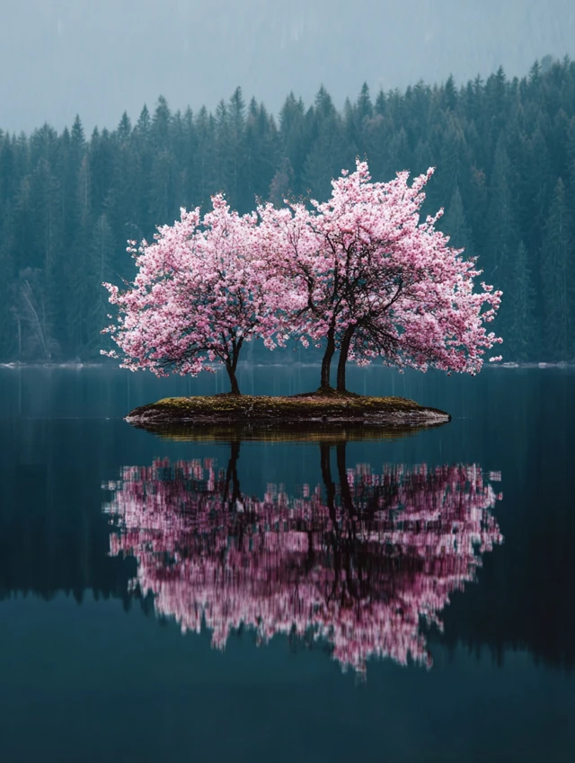 Cherry Blossom Island Lake Landscape Photography