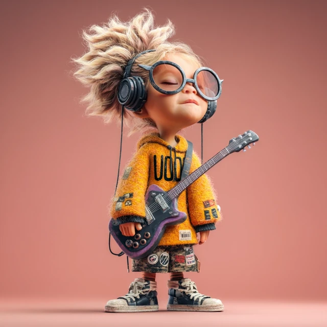 Cute Punk Girl with Purple Guitar 3D Art