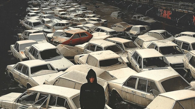 Post Apocalyptic Scene Man in Hood Crashed Cars