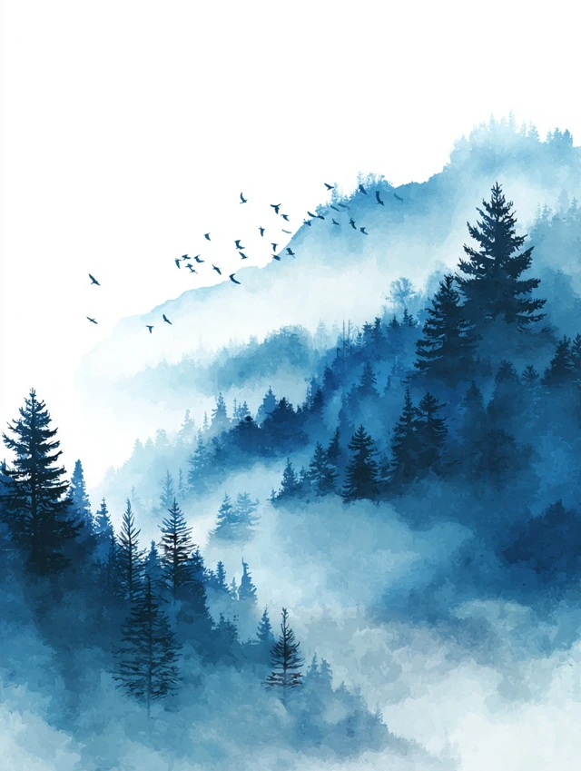 Misty Mountain Watercolor Forest Illustration