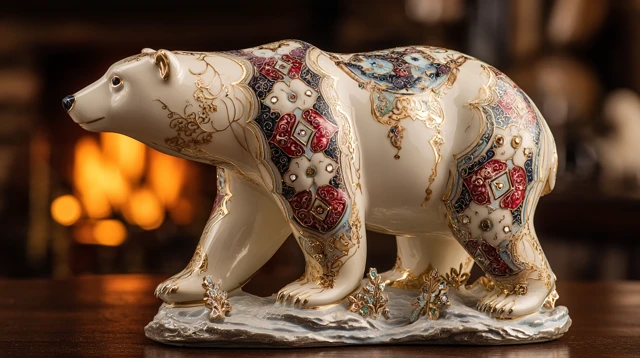 Porcelain Polar Bear Sculpture Fireplace Cabin