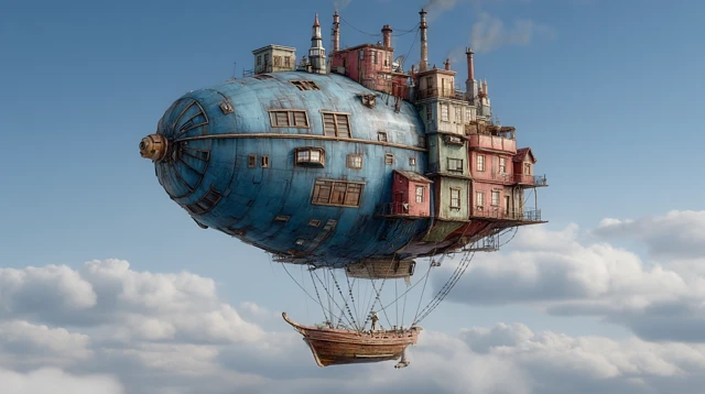 Whimsical Fantasy Man Riding Whale in the Sky