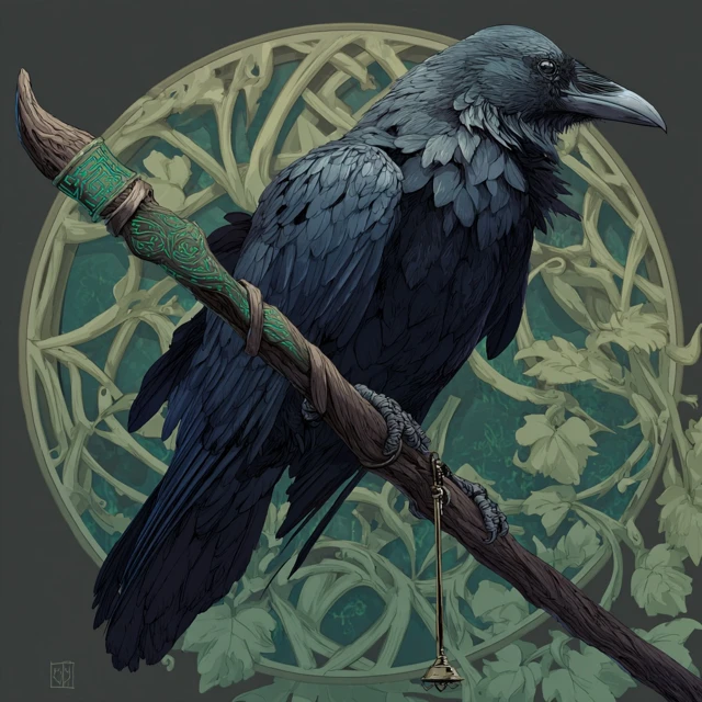 DND Art Raven Perched on Staff