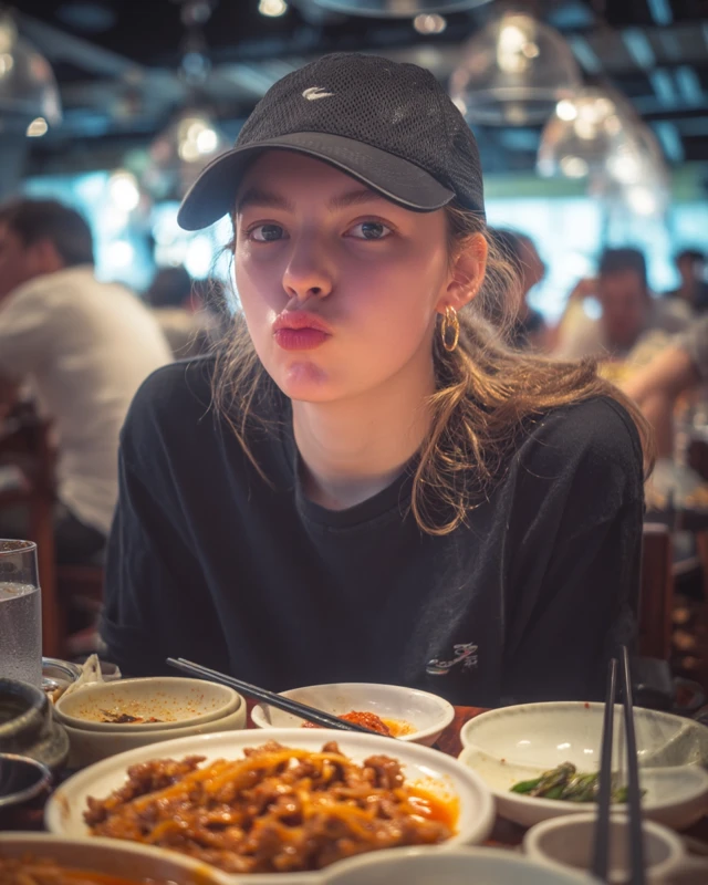 Young Woman Eating Korean Food Candid Photo