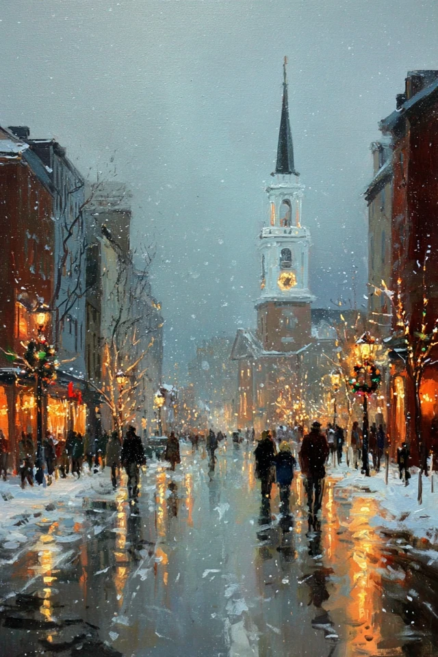 New England Winter Street Painting Christmas Snowfall