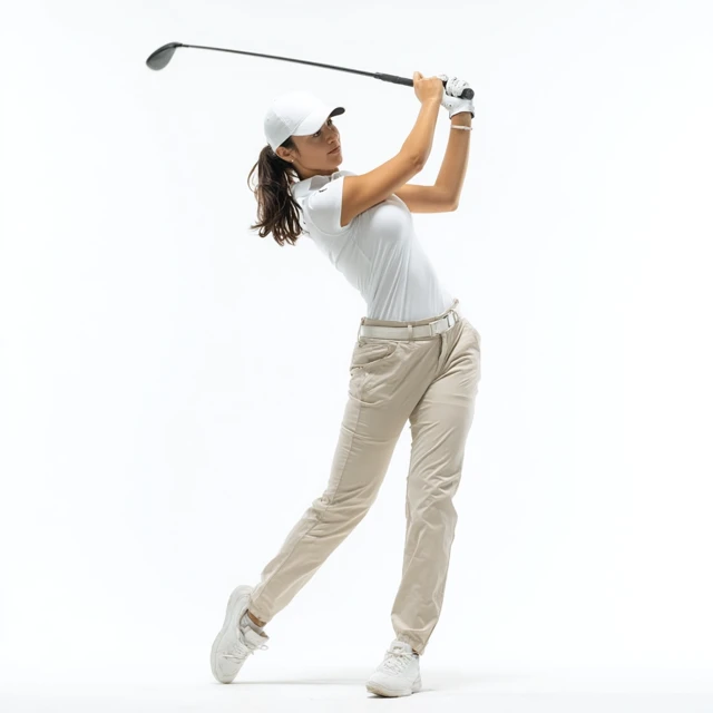Female Golfer in Action Golf Swing White Outfit