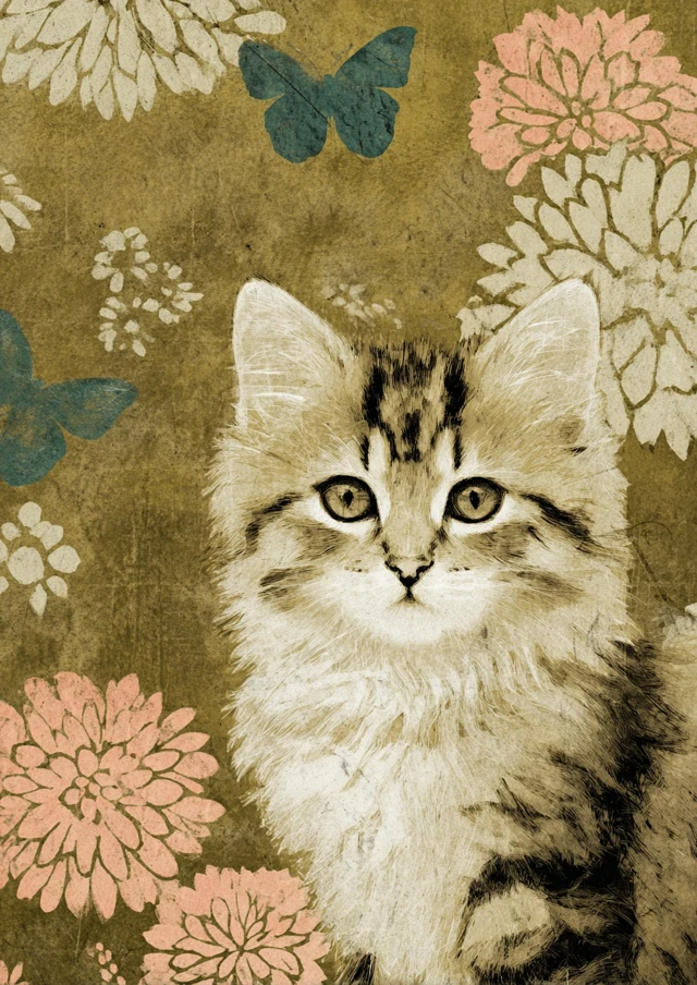 Victorian Kitten Portrait Butterflies Flowers