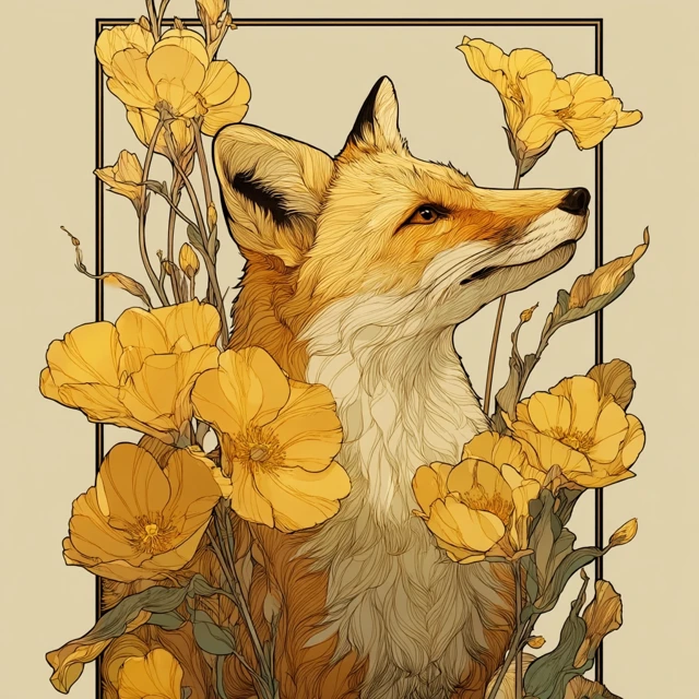 Japanese Fox with Yellow Flowers Art
