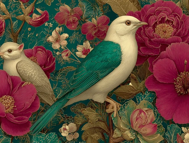 Thai Style Wallpaper with Birds and Flowers