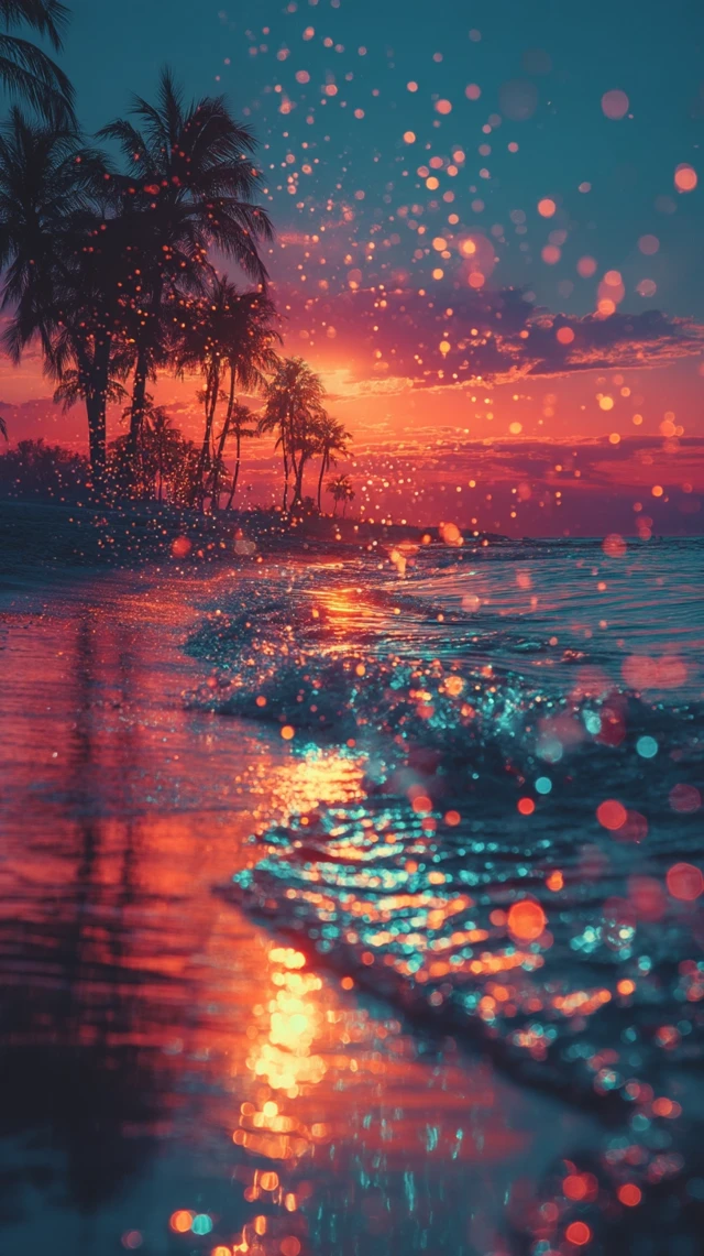 Sunset Beach with Palm Trees Bokeh Photo