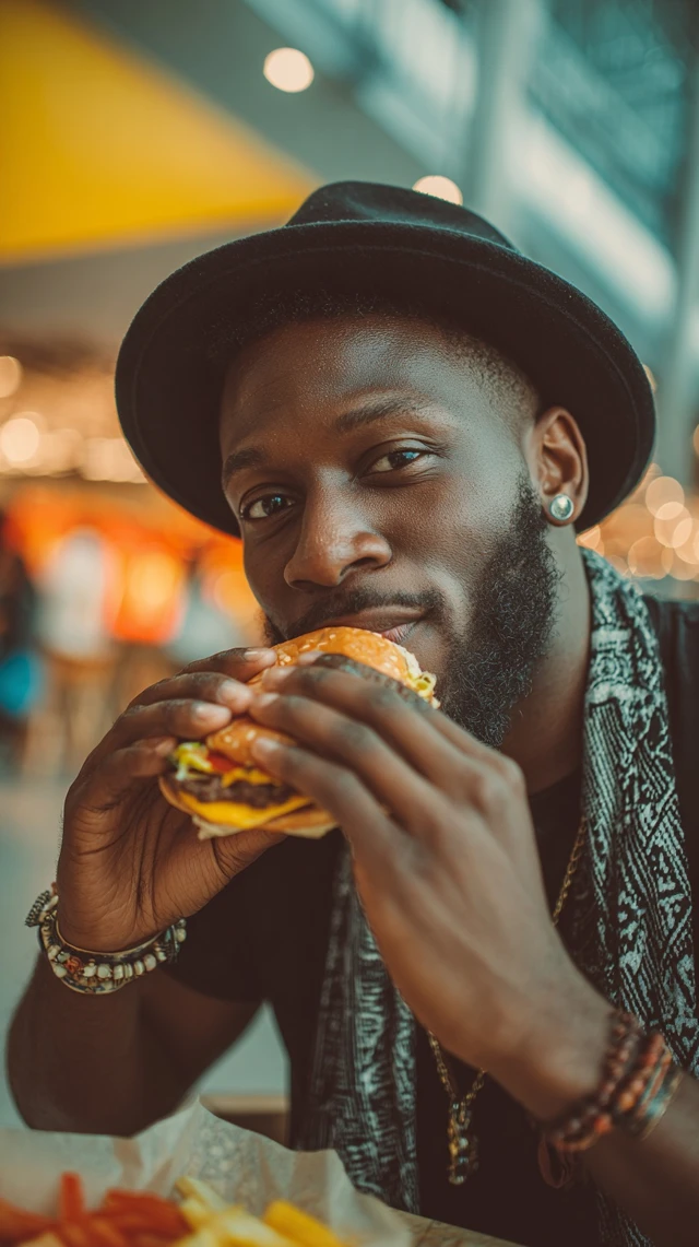 Black Man Enjoying a Burger Close Up