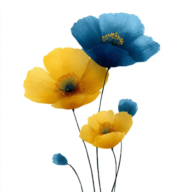 Blue and Yellow Poppies Art on White Background