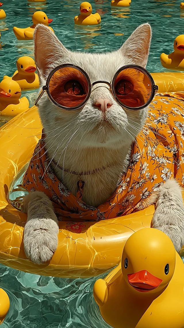 Kawaii Cat in Sunglasses Floating in Pool