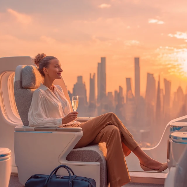 Luxury Travel Woman Sunset City Skyline Premium Economy
