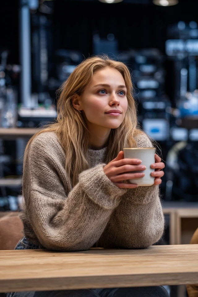 Young Woman with Coffee Thoughtful in Studio