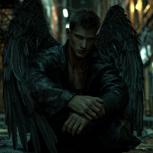 Fallen Angel in City Alley at Night
