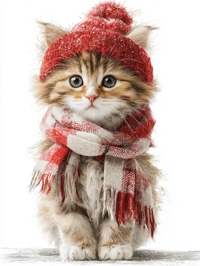 Fluffy Kitten in Red Hat and Scarf Illustration