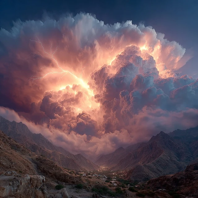 Stormy Sky Lightning Over Ancient Mountains