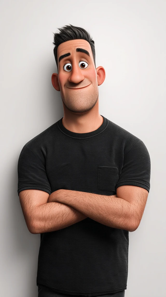3D Cartoon Man in Black Tshirt with a Warm Smile