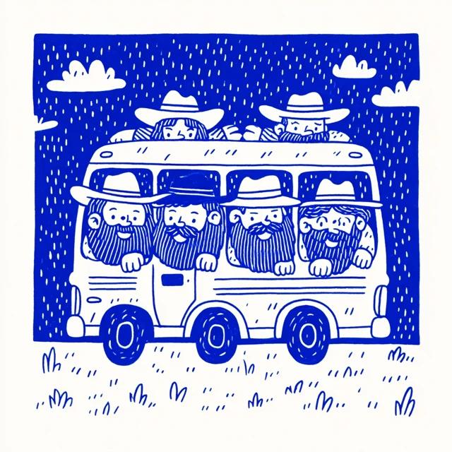 Rabbis on a Bus in the Rain Illustration