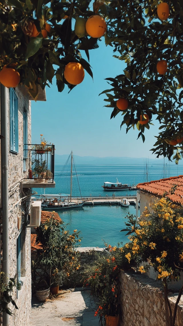 Krios Greece Coastal View Oranges Ships Summer Vibes