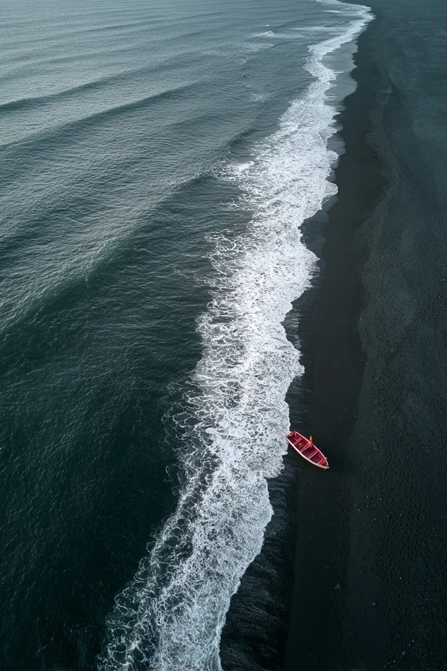 Red Boat on Black Sand Beach in Iceland