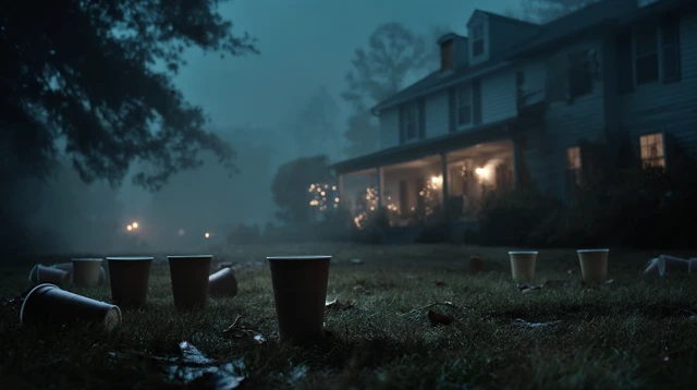 Eerie Party Scene Abandoned House at Dawn