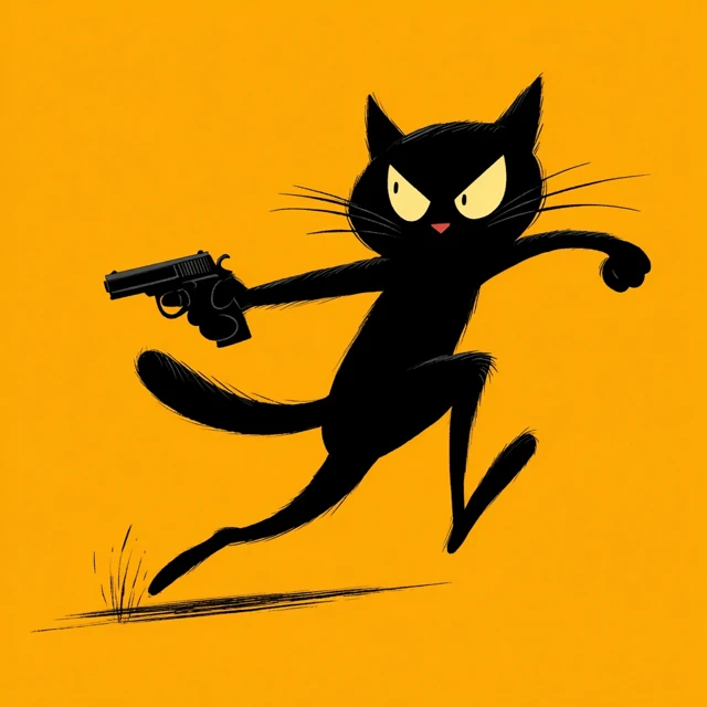 Black Cat with a Gun Animated Illustration