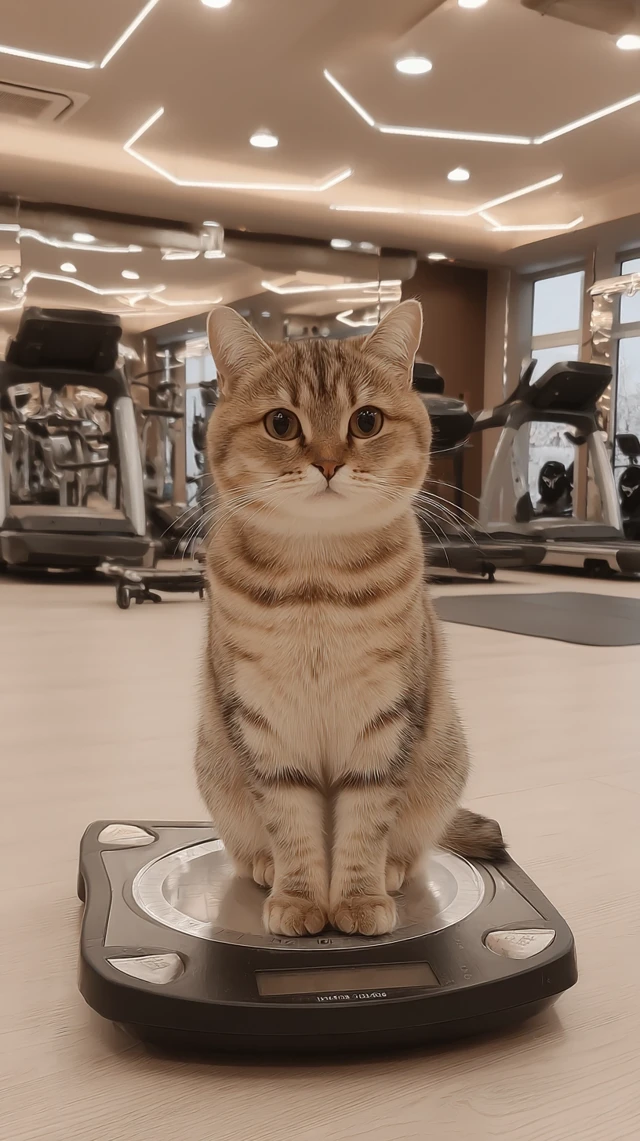 Cat on Scale in Modern Gym CloseUp Magazine Cover