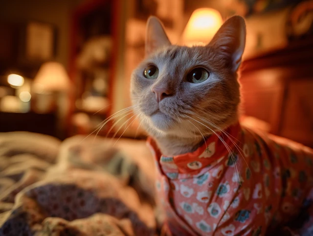 Cozy Cat in Pajamas Relaxing in a Bedroom