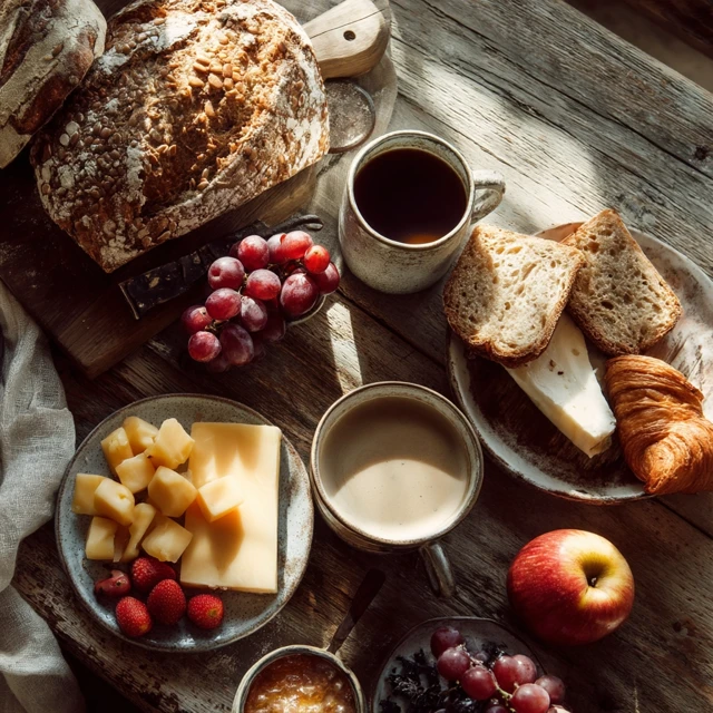 Rustic Breakfast Scene Bread Cheese Fruits Coffee