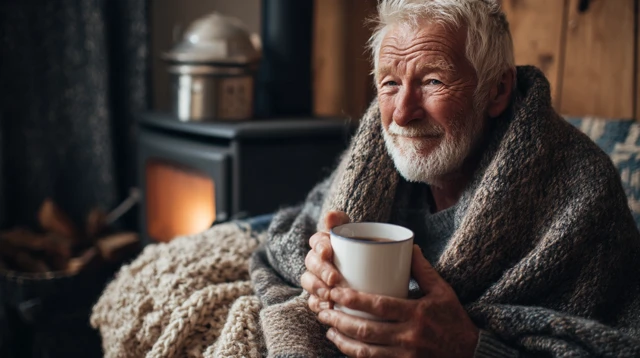 Cozy Elderly Man with Tea and a Blanket