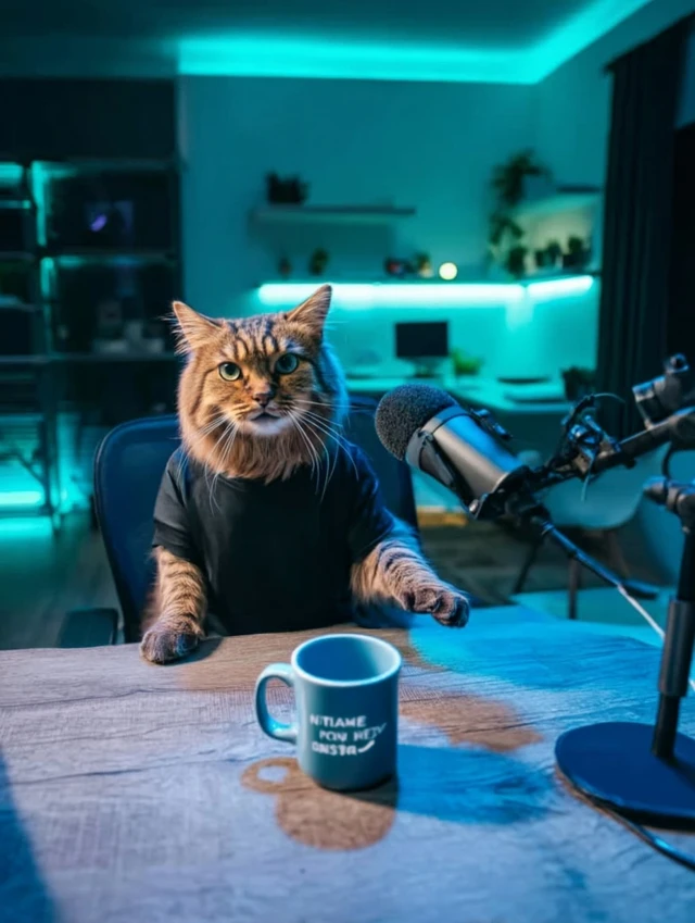 Podcast Cat Hyperrealistic Studio Scene
