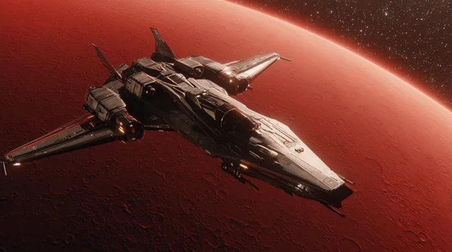 Spaceship Orbiting Red Planet Cinematic View