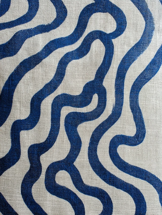 Linen Fabric with Wavy Blue Block Print Pattern