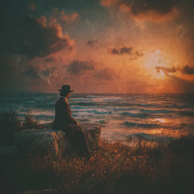 Contemplative Sunset Haredi Man Seaside Scene
