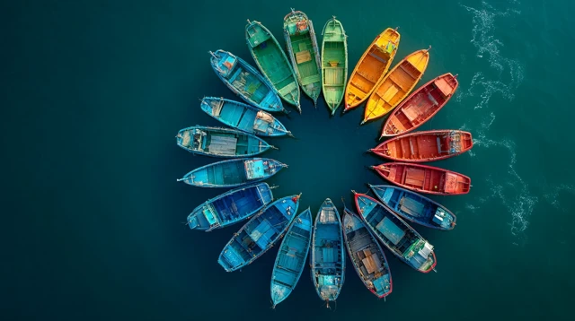 Fishing Boats Circle at Sea - Colorful Aerial Photography